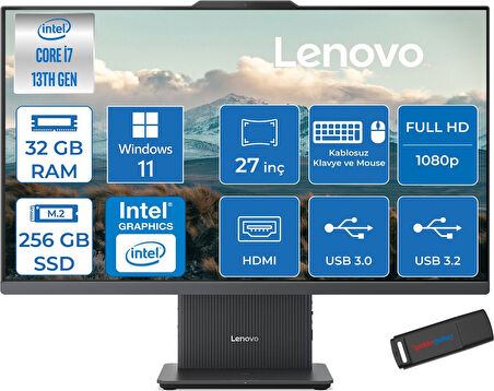 Lenovo Ideacentre Aıo 27IRH9 Intel Core I7-13620H 32GB Ddr5 256GB SSD 27'' Fhd 300NITS IPS Windows 11 Home All İn One Bilgisayar LF0HM00EUTRH11+ZETTAUSBBELLEK
