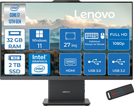 Lenovo Ideacentre Aıo 27IRH9 Intel Core I7-13620H 32GB Ddr5 2tb SSD 27'' Fhd 300NITS IPS Windows 11 Home All İn One Bilgisayar LF0HM00EUTRH14+ZETTAUSBBELLEK
