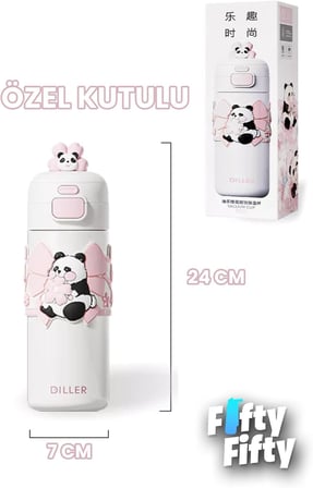 DILLER 480 ML Tek Kapak Çift Kullanım Pipetli/Pipetsiz Taşıma El Askılı Vacum Cup/Çelik Termos -FFD9317-480
