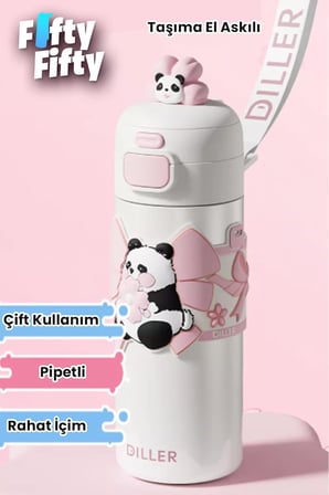 DILLER 480 ML Tek Kapak Çift Kullanım Pipetli/Pipetsiz Taşıma El Askılı Vacum Cup/Çelik Termos -FFD9317-480