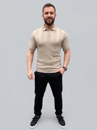 Modi Green Erkek Yazlık Triko Dokuma Tişört Kısa Kol Polo Yaka T-Shirt - Bej