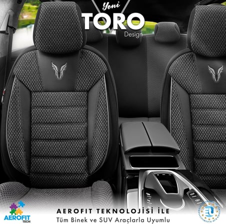 Toro Design Ortopedik Ekstra Destekli Oto Koltuk Kılıfı Özel Pamuklu Kumaş Tam Set - Siyah-Gri