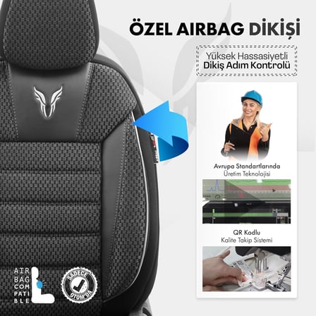 Toro Design Ortopedik Ekstra Destekli Oto Koltuk Kılıfı Özel Pamuklu Kumaş Tam Set - Siyah-Gri