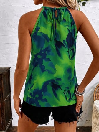 Kadın Kolsuz Boyundan Hakla Detaylı Leopar Süprem Bluz - Yeşil / 2XL-3XL