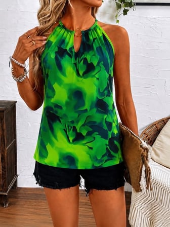 Kadın Kolsuz Boyundan Hakla Detaylı Leopar Süprem Bluz - Yeşil / 2XL-3XL