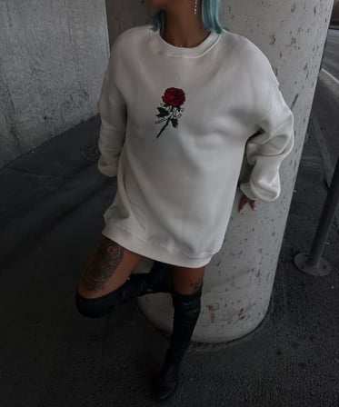 Modi Green Oversize Üç İplik Bisiklet Yaka Baskılı SweatShirt - Beyaz