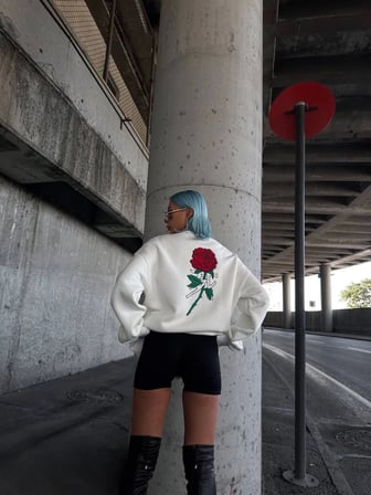 Modi Green Oversize Üç İplik Bisiklet Yaka Baskılı SweatShirt - Beyaz