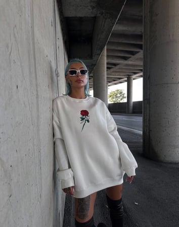 Modi Green Oversize Üç İplik Bisiklet Yaka Baskılı SweatShirt - Beyaz