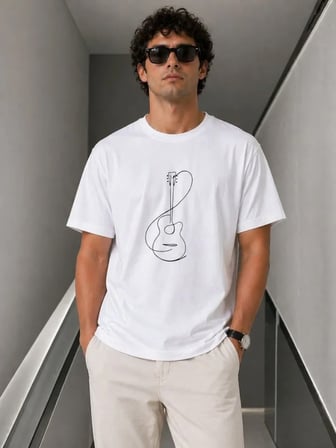 Modi Green Erkek Minimal Gitar Baskılı Tişört T-Shirt Yazlık Kısa Kol Bisiklet Yaka T-Shirt - Beyaz