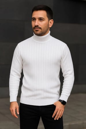 Modi Green Erkek Fitilli Triko Kazak 2li Set Beyaz Siyah Regular Balıkcı Yaka Tam Boğazlı Triko Seti Modeli Kazak