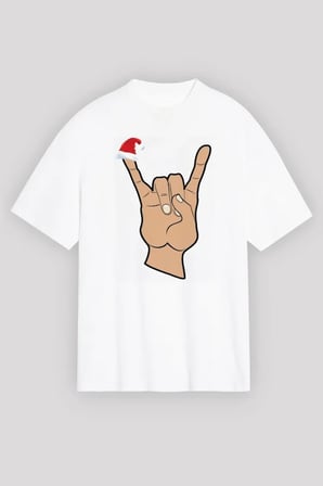 Modi Green Yılbaşı Noel Başlıklı Serçe Parmak Baskılı Oversize Bisiklet Yaka T-shirt - Beyaz