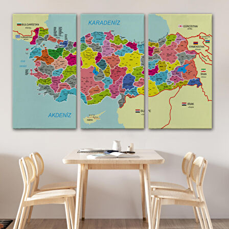 Harita Sepeti Türkiye Haritası Kanvas Tablo İl ve İlçeli Ayrıntılı Eğitici Komşulu Tablo 2996