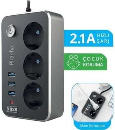 3396 3LÜ PRİZ 3 USB GİRİŞLİ 2MT. AKIM KORUMALI