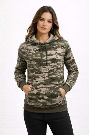 Modi Green Kamuflaj Desenli 2 İplik 4 Mevsim Kapüşonlu Kanguru Cepli Hoodie Sweatshirt - Kamuflaj