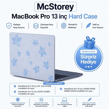MacBook Pro 13 Çiçek Desenli Kılıf A1706 A1708 A1989 A2159 A2251 A2289 A2338 M1 M2 Uyumlu Baskılı Sert Kılıf İnce Hafif Koruyucu Kapak Açık Mavi