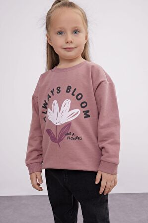 Kız Bebek Regular Fit Bisiklet Yaka Çiçekli Sweatshirt Kumaşı Sweatshirt