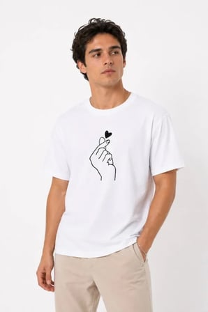 Modi Green Erkek Kore Parmak Kalp Aşk Temalı Minimal Baskılı Tişört Yazlık Kısa Kol T-Shirt - Beyaz