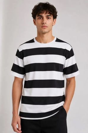 Modi Green Erkek Çizgili Oversize Tişört Bisiklet Yaka Kısa Kol Yazlık T-Shirt - Siyah