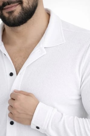Modi Green Erkek Waffle Kumaş Uzun Kollu Düğmeli Açık Yaka Regular Fit Gömlek - Beyaz
