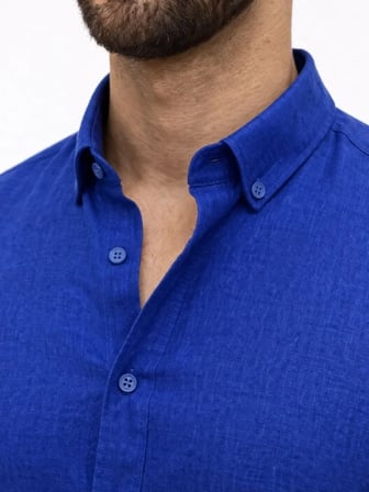 Modi Green Erkek KETEN Kumaş Oversize Uzun Kollu Rahat Kalıp Gömlek - Saks Mavisi