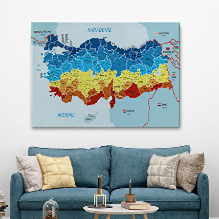 Harita Sepeti Türkiye Haritası Kanvas Tablo İl ve İlçeli Ayrıntılı Eğitici Komşulu Tablo 2998
