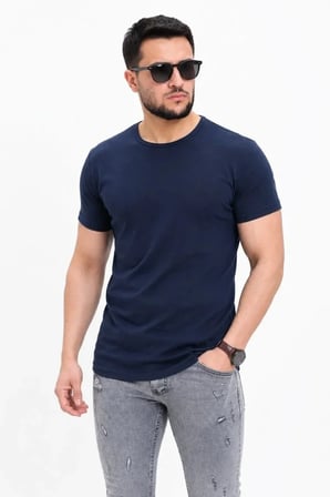Modi Green Erkek Basic Tişört Bisiklet Yaka Kısa Kol Günlük Yazlık Slim Fit T-Shirt - Lacivert