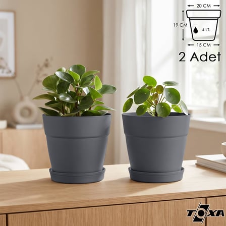 ToXA Tabaklı Delikli Plastik Çiçek Saksısı, 20 cm 4 Lt, 2 Adet, Antrasit