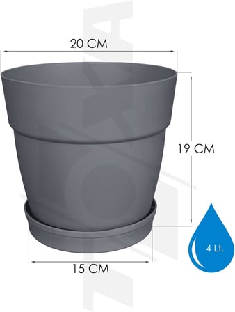 ToXA Tabaklı Delikli Plastik Çiçek Saksısı, 20 cm 4 Lt, 2 Adet, Antrasit