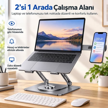 McStorey 2'si 1 Arada Laptop Standı, Karbon Çelik 360° Döner Yükseklik Ayarlı, Gizlenebilir MagSafe Uyumlu Telefon Tutuculu Notebook Standı, MacBook Uyumlu, 17.3 İnçe Kadar Gri