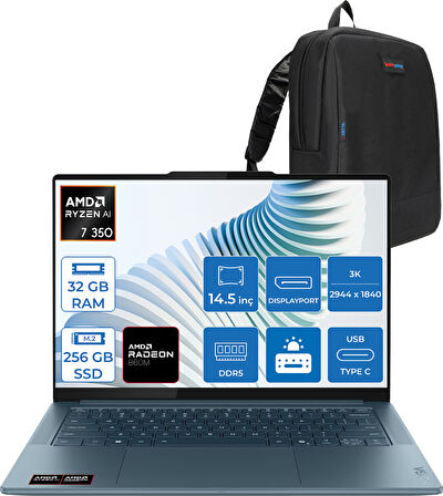 Lenovo Yoga Pro 7 14AKP10  Amd Ryzen Aı 7 350 32GB Ram 256GB SSD 14.5" 3k (2944X1840) OLED 1000NITS Freedos Taşınabilir Bilgisayar YG83KG000GTRF01+ZETTAÇANTA