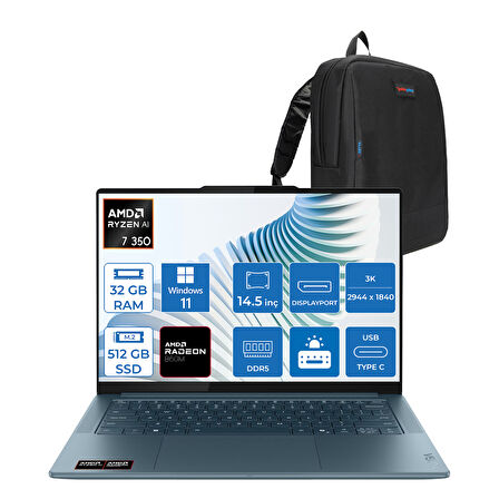 Lenovo Yoga Pro 7 14AKP10  Amd Ryzen Aı 7 350 32GB Ram 512GB SSD 14.5" 3k (2944X1840) OLED 1000NITS WIN11PRO Taşınabilir Bilgisayar YG83KG000GTRP02+ZETTAÇANTA