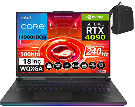 Asus ROG Strix SCAR 18 14. Nesil Intel i9-14900HX 32GB DDR5 RAM 1TB SSD 16GB RTX4090 175w 18 inç QHD+ 240Hz 3Ms Freedos Taşınabilir Bilgisayar G834JYR-N609801+WeblegelsinÇanta