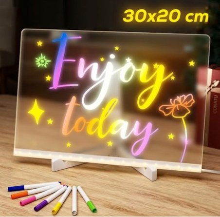 Shopexxtra LED Işıklı Şeffaf Çizim Tableti ve Yazı Tahtası - 30x20 cm, Ayarlanabilir Standlı Akrilik Not Panosu, USB Güçlü Eğitici Çocuk Boyama Seti, 7 Renkli Kalem ve Temizleme Bezi Hediyeli