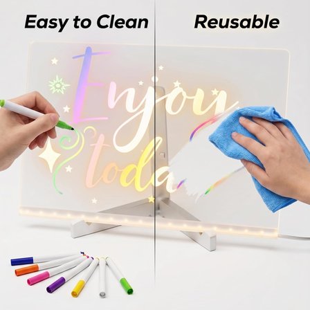 Shopexxtra LED Işıklı Şeffaf Çizim Tableti ve Yazı Tahtası - 30x20 cm, Ayarlanabilir Standlı Akrilik Not Panosu, USB Güçlü Eğitici Çocuk Boyama Seti, 7 Renkli Kalem ve Temizleme Bezi Hediyeli