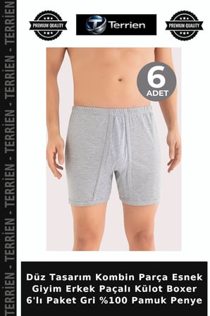 Düz Tasarım Kombin Parça Esnek Giyim Erkek Paçalı Külot Boxer 6'lı Paket Gri %100 Pamuk Penye