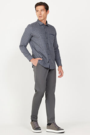 Erkek Gri Slim Fit Dar Kesim Gabardin Kumaş Desenli Pamuklu Esnek Beli Lastikli Pantolon