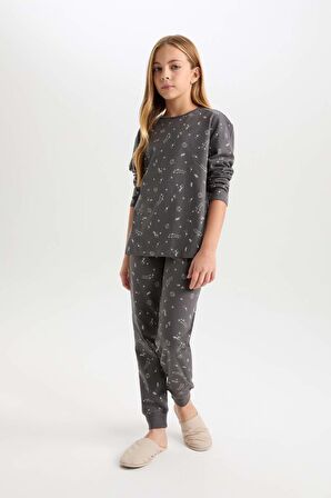 DeFacto Kız Çocuk Pijama Takımı Desenli Uzun Kollu Üst Beli Lastikli Uzun Alt D6654A824WNAR126