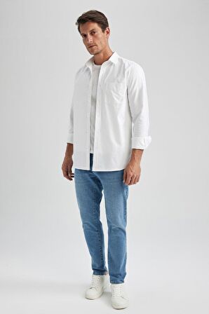 DeFacto Regular Fit Polo Yaka Oxford Basic Düz Uzun Kollu Beyaz Gömlek A8028AX23AUWT34