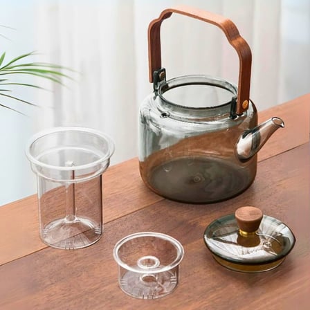 Premium Çay Saati Sunumluk Akşam Çayı Isıya Dayanıklı Akasya Saplı Demlik 1200 ml Borosilikat Cam