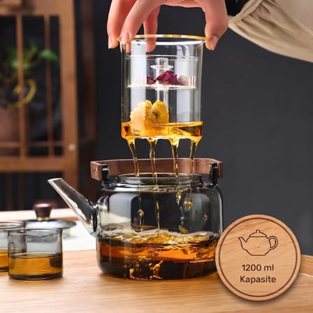 Premium Çay Saati Sunumluk Akşam Çayı Isıya Dayanıklı Akasya Saplı Demlik 1200 ml Borosilikat Cam