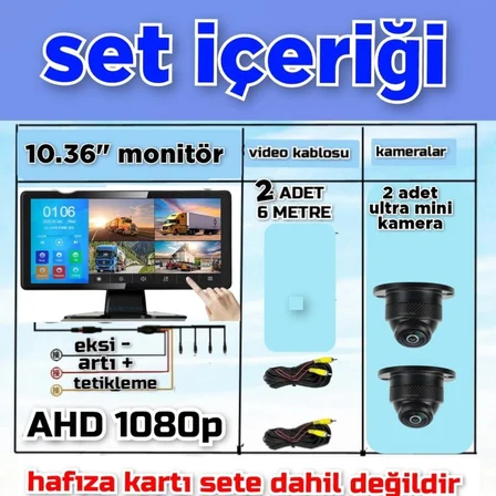 2 ADET 1080P AHD 150'' ULTRA MİNİ METAL KASA KAMERA  10.36'' DOKUNMATİK  DVR EKRAN 12 V