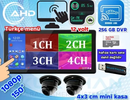 2 ADET 1080P AHD 150'' ULTRA MİNİ METAL KASA KAMERA  10.36'' DOKUNMATİK  DVR EKRAN 12 V