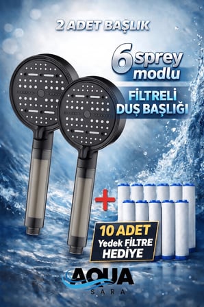 2 Adet 6 Fonksiyonlu Filtreli Duş Başlığı (10Adet Yedek Filtre)| Su Arıtmalı, Klor Ve Kireç Önleyici, Yüksek Basınçlı