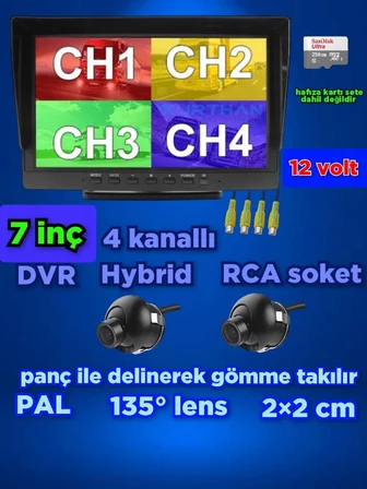 ULTRA MİNİ  2 ADET  2*2 CM  KAMERA VE 7 İNÇ DVR MONİTÖR 12 VOLT 256 GB
