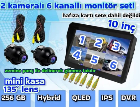 2 ADET 2 * 2 CM MİNİ KAMERA VE 6  KANALLI QLED 10 İNÇ DVR MONİTÖR 12 V 256 GB