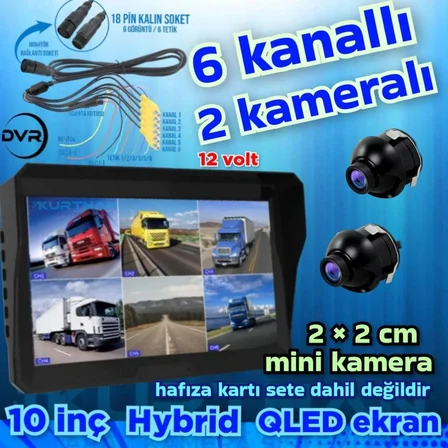 2 ADET 2 * 2 CM MİNİ KAMERA VE 6  KANALLI QLED 10 İNÇ DVR MONİTÖR 12 V 256 GB