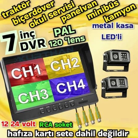 2 ADET METAL KASA LEDLİ KAMERA VE 7 İNÇ DVR MONİTÖR SETİ  12 - 24 V 256 GB