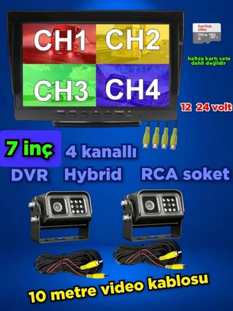 2 ADET METAL KASA LEDLİ KAMERA VE 7 İNÇ DVR MONİTÖR SETİ  12 - 24 V 256 GB