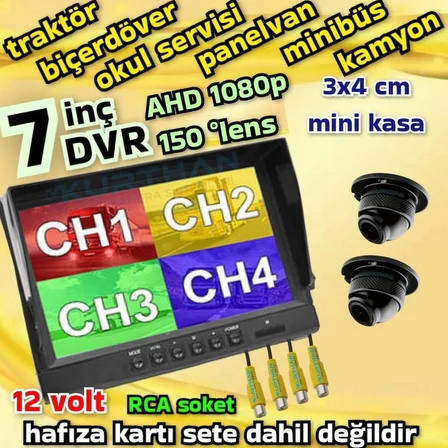 2 ADET 150 DERECE GENİŞ AÇI ULTRA MİNİ AHD METAL KASA KAMERA 7 İNÇ  DVR MONİTÖR 12 VOLT 256 GB