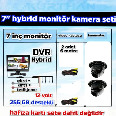 2 ADET 150 DERECE GENİŞ AÇI ULTRA MİNİ AHD METAL KASA KAMERA 7 İNÇ  DVR MONİTÖR 12 VOLT 256 GB